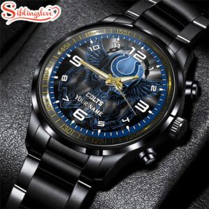 Custom Name Indianapolis Colts NFL 3D Men Black Stainless Steel Watch Gift For Fans