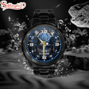 Custom Name Indianapolis Colts NFL 3D Men Black Stainless Steel Watch Gift For Fans