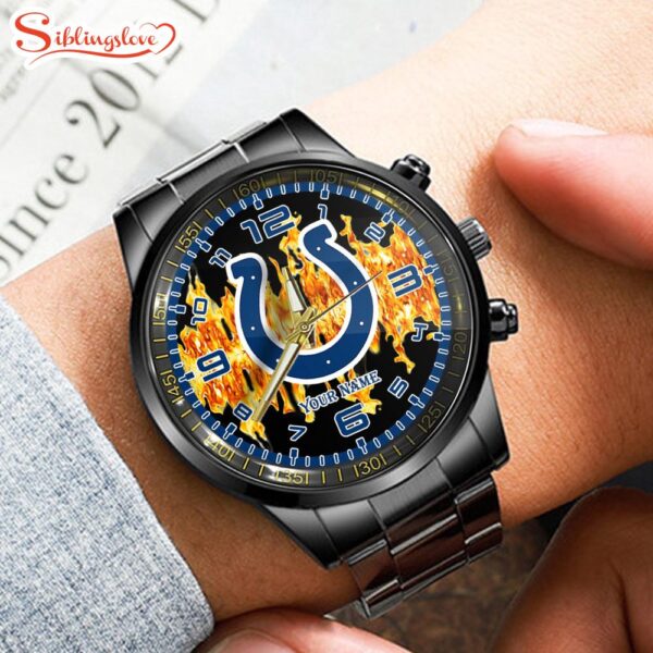 Custom Name  Indianapolis Colts NFL 3D Men  Black Stainless Steel Watch Gift For Fans