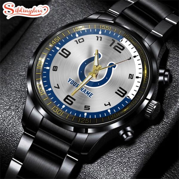 Custom Name Indianapolis Colts NFL Black Stainless Steel Watch Gifts For Fans