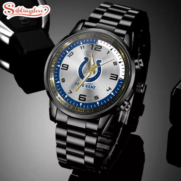 Custom Name Indianapolis Colts NFL Black Stainless Steel Watch Gifts For Fans