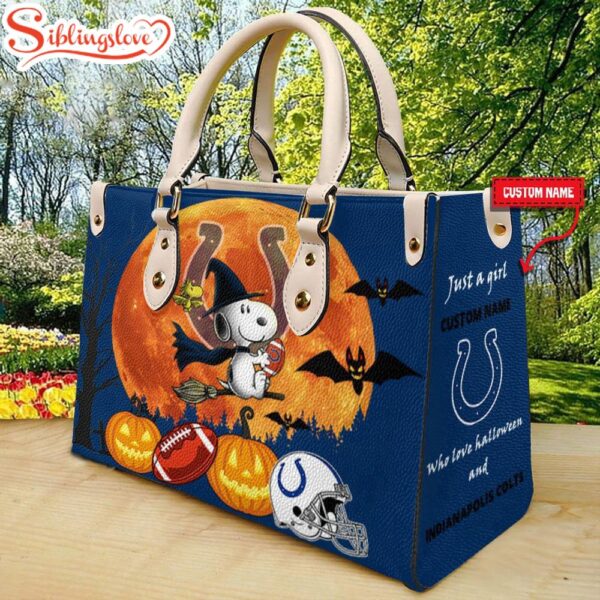 Custom Name Indianapolis Colts NFL Snoopy Halloween Women Leather Hand Bag