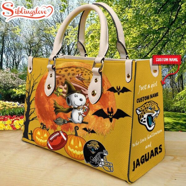 Custom Name Jacksonville Jaguars NFL Snoopy Halloween Women Leather Hand Bag