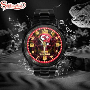 Custom Name Kansas City Chiefs NFL 3D Men Black Stainless Steel Watch Gift For Fans