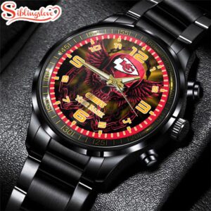 Custom Name Kansas City Chiefs NFL 3D Men Black Stainless Steel Watch Gift For Fans