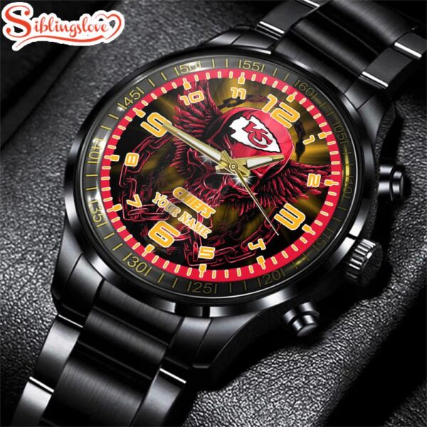 Custom Name  Kansas City Chiefs NFL 3D Football Sport Black Stainless Steel Watch