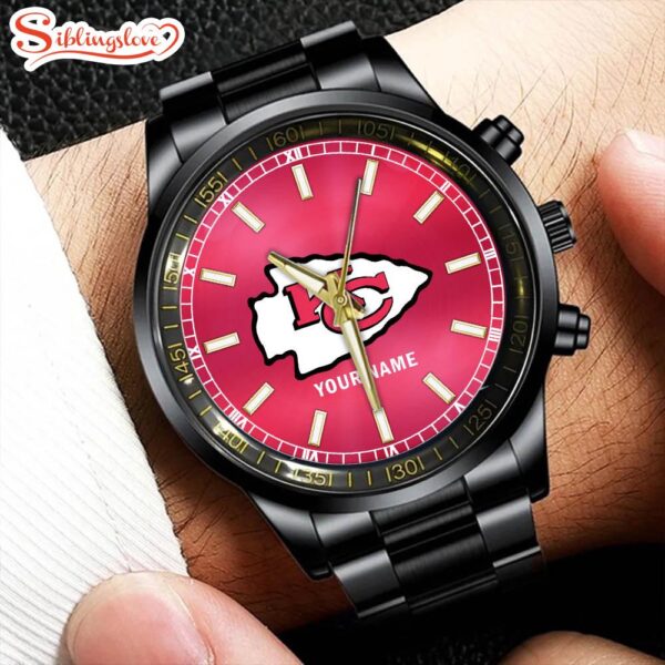 Custom Name Kansas City Chiefs NFL Black Stainless Steel Watch Gifts For Fans