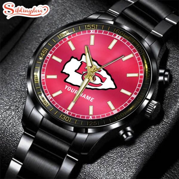 Custom Name Kansas City Chiefs NFL Black Stainless Steel Watch Gifts For Fans