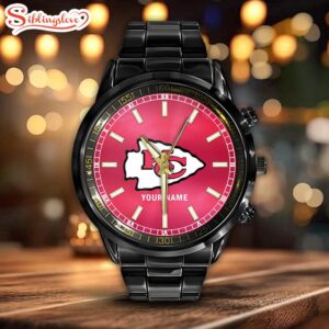 Custom Name Kansas City Chiefs NFL Black Stainless Steel Watch Gifts For Fans