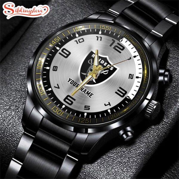 Custom Name Las Vegas Raiders NFL Black Stainless Steel Watch Gifts For Fans