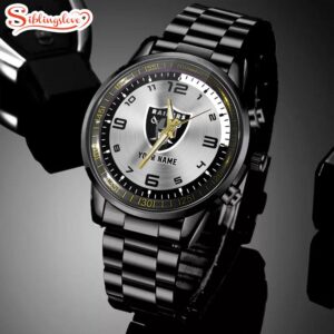 Custom Name Las Vegas Raiders NFL Black Stainless Steel Watch Gifts For Fans