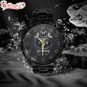 Custom Name Las Vegas Raiders NFL Men Black Stainless Steel Watch Gift For Fans