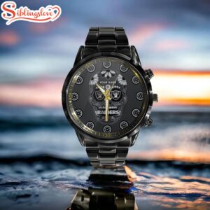 Custom Name Las Vegas Raiders NFL Men Black Stainless Steel Watch Gift For Fans