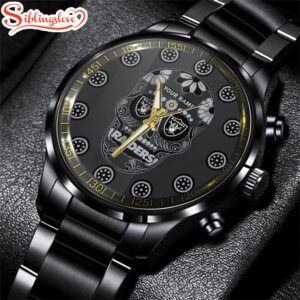 Custom Name Las Vegas Raiders NFL Men Black Stainless Steel Watch Gift For Fans