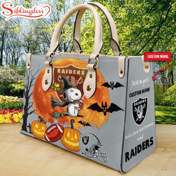 Custom Name Las Vegas Raiders NFL Snoopy Halloween Women Leather Hand Bag