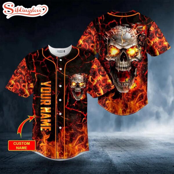 Custom Name Lava Mad Fire Skull Halloween Baseball Jersey Shirt