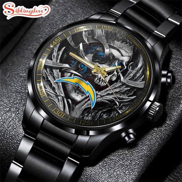 Custom Name  Los Angeles Chargers NFL Men Black Stainless Steel Watch Gift For Fans