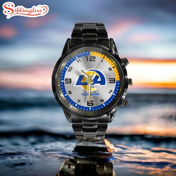 Custom Name Los Angeles Rams NFL Black Stainless Steel Watch Gifts For Fans