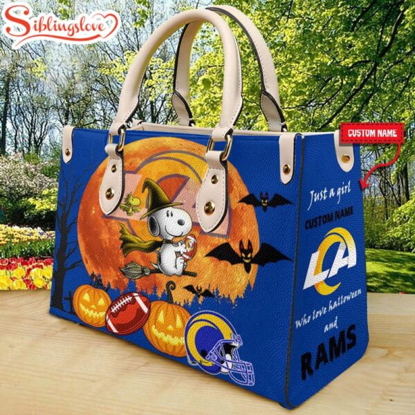 Custom Name Los Angeles Rams NFL Snoopy Halloween Women Leather Hand Bag