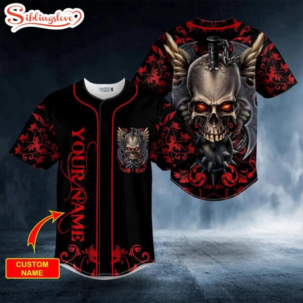 Custom Name Mace Viking Swords Winged Skull Halloween Baseball Jersey Shirt