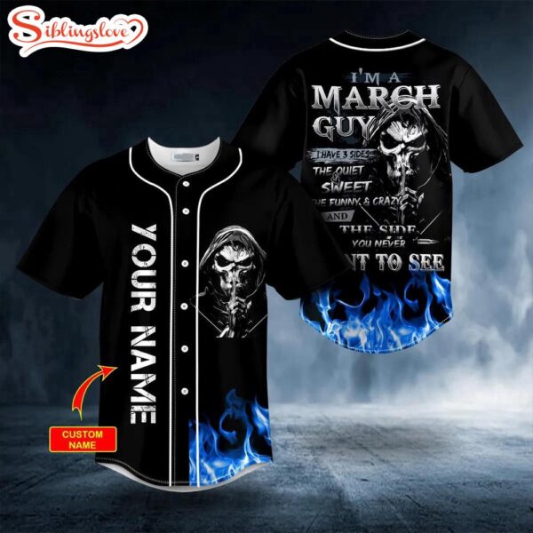 Custom Name March Guy Blue Fire Skull Halloween Baseball Jersey Shirt