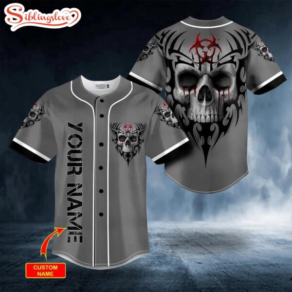 Custom Name Melting Eyes Biohazard Tribal Skull Halloween Baseball Jersey Shirt