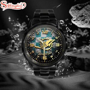 Custom Name Miami Dolphins NFL 3D Men Black Stainless Steel Watch Gift For Fans