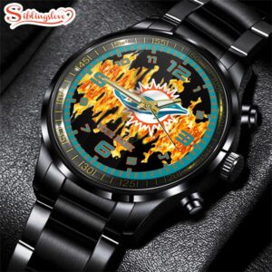 Custom Name Miami Dolphins NFL 3D Men Black Stainless Steel Watch Gift For Fans