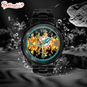 Custom Name Miami Dolphins NFL 3D Men Black Stainless Steel Watch Gift For Fans