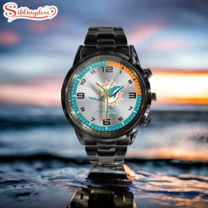 Custom Name Miami Dolphins NFL Black Stainless Steel Watch Gifts For Fans