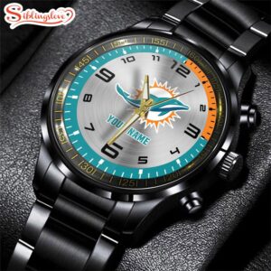 Custom Name Miami Dolphins NFL Black Stainless Steel Watch Gifts For Fans