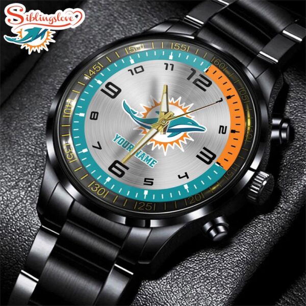 Custom Name  Miami Dolphins NFL Black Stainless Steel Watch Gifts For Fans