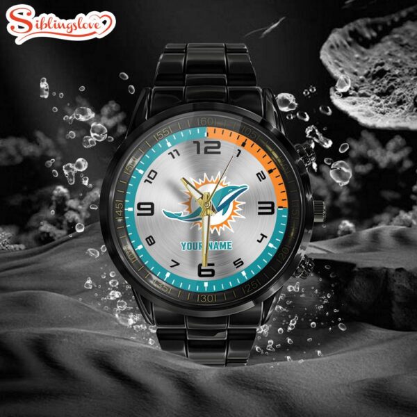 Custom Name Miami Dolphins NFL Black Stainless Steel Watch Gifts For Fans