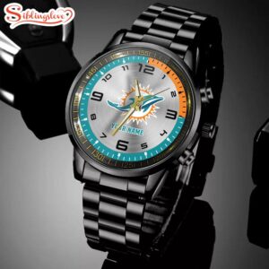 Custom Name Miami Dolphins NFL Black Stainless Steel Watch Gifts For Fans