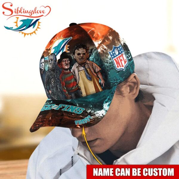 Custom Name Miami Dolphins NFL Horror Movie Halloween Cap