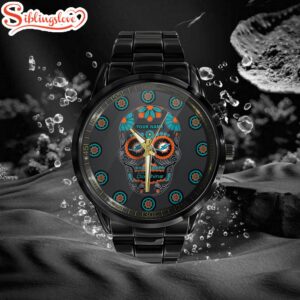 Custom Name Miami Dolphins NFL Men Black Stainless Steel Watch Gift For Fans