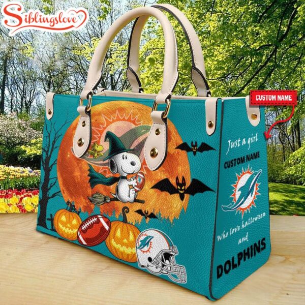 Custom Name Miami Dolphins NFL Snoopy Halloween Women Leather Hand Bag