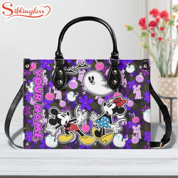 Custom Name Mickey And Minnie Mouse Ghost Halloween Leather Handbag