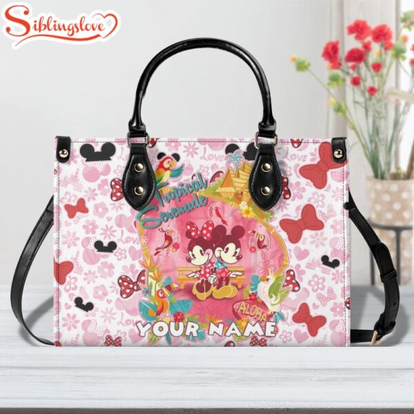 Custom Name Mickey Minnie Mouse Tropical Women Leather Handbag