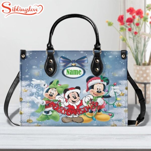 Custom Name Mickey Mouse And Minnie Mouse Merry Christmas Leather Handbag