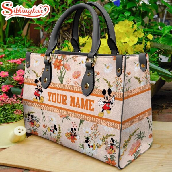 Custom Name Mickey Mouse Flowers Leather Handbag