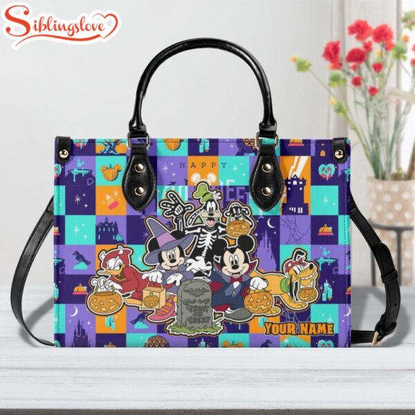 Custom Name Mickey Mouse With Friends Halloween Leather Handbag