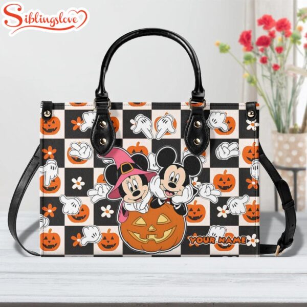 Custom Name Mickey With Minnie Mouse Pumpkin Halloween Leather Handbag