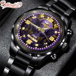 Custom Name Minnesota Vikings NFL 3D Men Black Stainless Steel Watch Gift For Fans