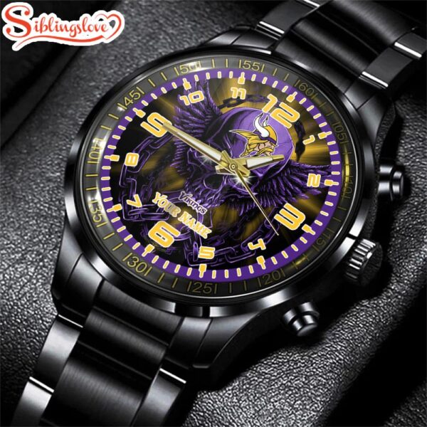 Custom Name  Minnesota Vikings NFL 3D Football Sport Black Stainless Steel Watch