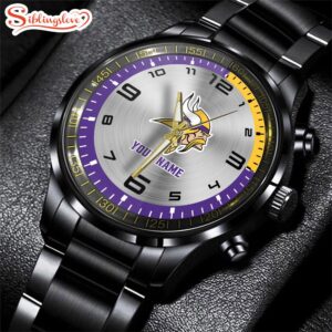 Custom Name Minnesota Vikings NFL Black Stainless Steel Watch Gifts For Fans