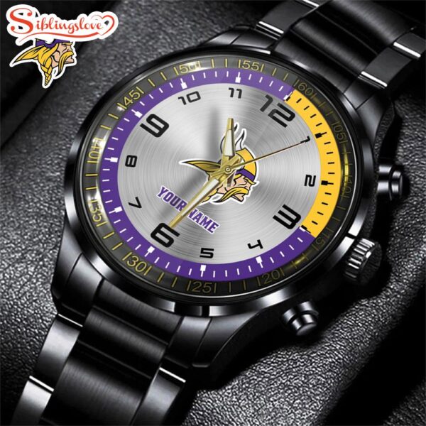 Custom Name  Minnesota Vikings NFL Black Stainless Steel Watch Gifts For Fans