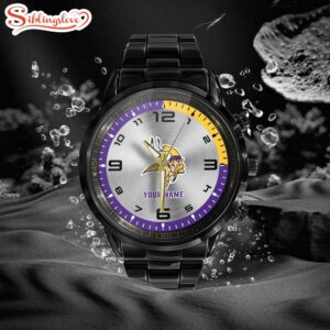 Custom Name Minnesota Vikings NFL Black Stainless Steel Watch Gifts For Fans