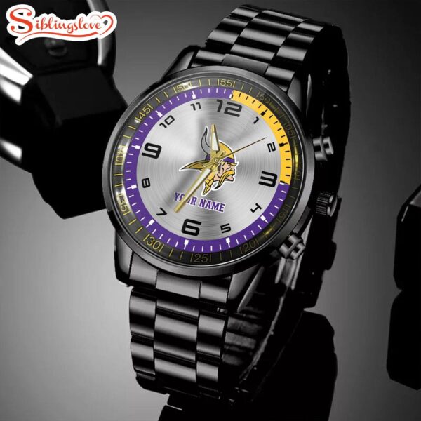 Custom Name Minnesota Vikings NFL Black Stainless Steel Watch Gifts For Fans