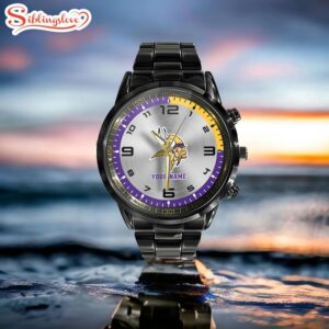 Custom Name Minnesota Vikings NFL Black Stainless Steel Watch Gifts For Fans